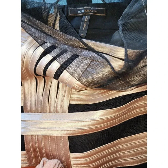 BCBGMAXAZRIA Champagne Black Striped Cocktail Mini Dress Size 6 - Picture 6 of 9